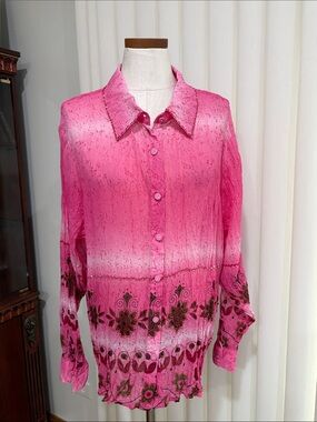 Pink Floral Gradient Button-Up gauze like Blouse beaded detail, gold shimmer 1X